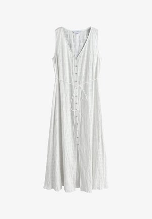Vestido midi blanco sin mangas con tejido texturizado, escote en V, botones delanteros y un cinturón delgado con lazada en la cintura.