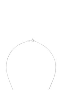 Collana in argento delicato con un piccolo gancio a molla, su sfondo bianco.