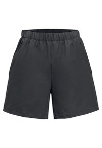 Dunkelgraue Shorts mit einem elastischen Bund, Seitentaschen und einer leichten, glatten Textur. Einfaches Design ohne sichtbare Muster oder Akzente.