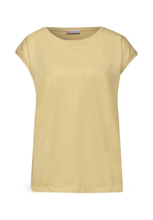Lysegul kortærmet damet-shirt med rund halsudskæring og foldede ærmekanter, vist fladt uden mønstre eller logoer.
