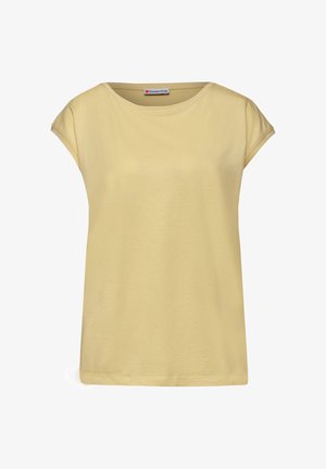 Lysegul kortærmet damet-shirt med rund halsudskæring og foldede ærmekanter, vist fladt uden mønstre eller logoer.