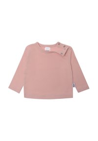 Langärmliges Hemd aus weichem pinken Baumwollstoff, mit rundem Hals und Druckknöpfen an einer Schulter für einfaches Anziehen.