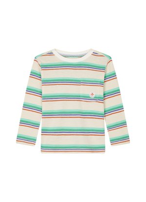 Langsleeve gestreept shirt met een crèmekleurige basis en groene, blauwe en oranje horizontale strepen, zak aan de linkerkant en ronde hals.