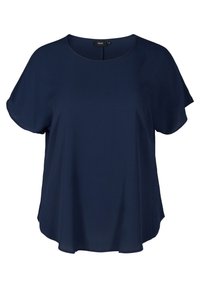 Blouse manches courtes bleu marine en tissu léger. Présente une coupe décontractée et un col rond avec une texture lisse.