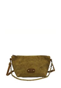 Sac rectangulaire en velours côtelé vert olive, avec une fermeture éclair, une sangle en cuir réglable et un détail en chaîne dorée. Patch logo à l'avant.