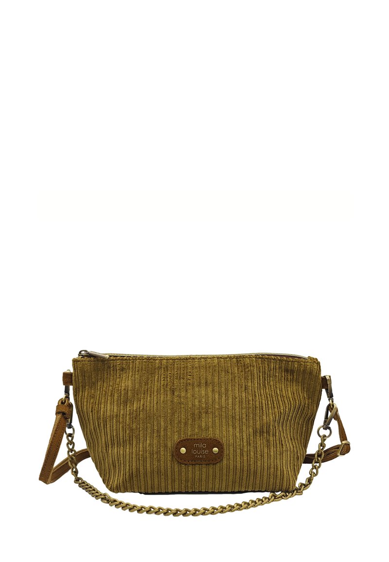Sac rectangulaire en velours côtelé vert olive, avec une fermeture éclair, une sangle en cuir réglable et un détail en chaîne dorée. Patch logo à l'avant.