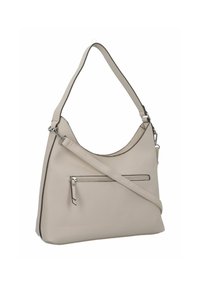 Borsa a spalla in pelle beige con superficie текстurizzata, manico superiore, tracolla regolabile e tasca con zip frontale.