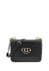 Borsa in eco-pelle nera effetto coccodrillo con tracolla a catena in tonalità oro e accento con logo GG. Forma rettangolare, superficie testurizzata, dettagli hardware lisci.