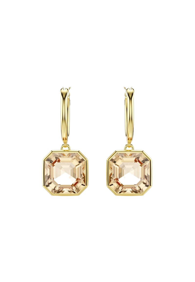 Náušnice vo zlatej farbe s veľkými, osemuholníkovými svetlohnedými drahokamami zasadenými v leštenom zlatom ráme so závesnými sponami.