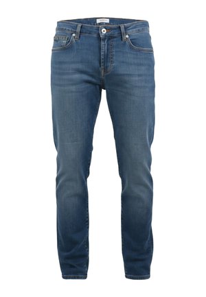Jeans slim fit blu medio con chiusura frontale con bottone e cerniera, cinque tasche e dettagli sbiaditi delicati su cosce e ginocchia.