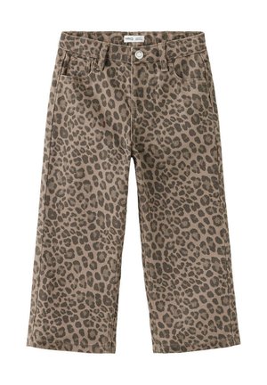 Pantalon à jambes larges pour enfants avec motif léopard marron et marron foncé, bouton à l'avant et passants de ceinture.
