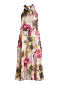 Robe fleurie avec un col halter, une taille élastique et une jupe fluide. Les couleurs incluent le rose, le vert, le jaune et le bordeaux foncé. Tissu lisse.