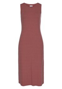 Abito midi senza maniche in maglia a costine color rosa polveroso con scollatura rotonda e silhouette aderente.