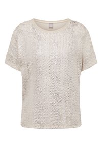 Kurzarmshirt in Hellbeige mit einer strukturierten, schimmernden Oberfläche und einem runden Ausschnitt. Glattes Material mit lockerer Passform.