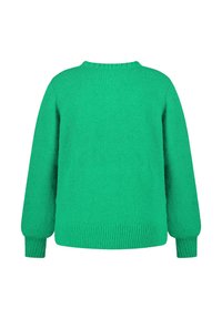 Groen gebreide trui met een ronde hals, lange mouwen en een gestructureerde afwerking. Voorzien van geribbelde boorden bij de manchetten en zoom. Achteraanzicht getoond.