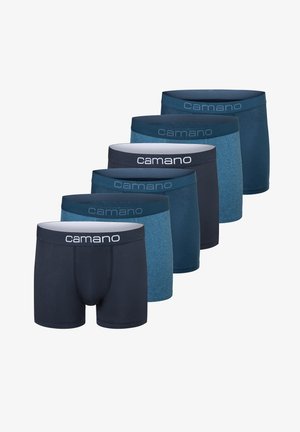 Cinq paires de boxers Camano dans différentes nuances de bleu, en tissu lisse, avec des ceintures élastiques et des détails de logo.