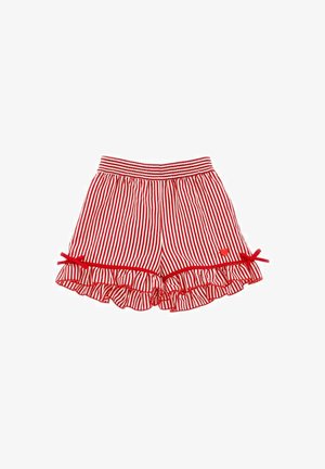 Rød- og hvidstribede shorts med flæsekant, elastisk talje og små sløjfer ved sidesømmene. Letvægtsstof, afslappet design.