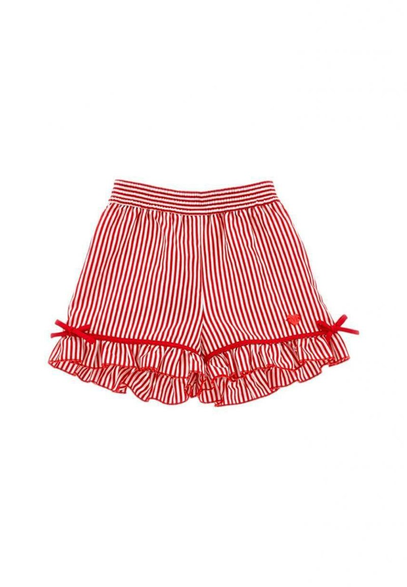 Pantaloni corti a righe rosse e bianche con orlo arricciato, vita elasticizzata e piccoli fiocchi alle cuciture laterali. Tessuto leggero, design casual.