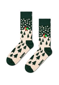 Skarpetki do kolan z zielonym czubkiem, beżowym ciałem z zielonymi choinkami świątecznymi i akcentem w postaci gnomka. Napis "HAPPY" na stopie. Miękka dzianinowa tekstura.