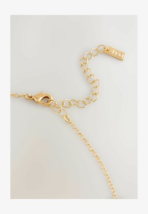 Auksinė grandinėlė su jungtimis, su vėžlio tipo užsegimu ir kvadratinio ženklelio, papuošto brangakmeniu. Lygus paviršius, pailgos ovalios jungtys ir blizgus tekstūros paviršius.