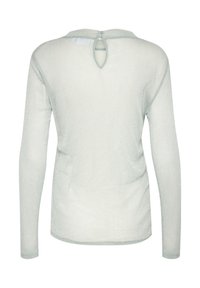 Ljust grön långärmad topp, genomskinlig med en texturerad yta, med en nyckelhål- och knappstängning bak, mjukt tyg, minimalistisk design.