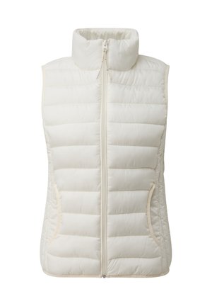 Leichte, cremefarbene Steppweste mit hohem Kragen, vertikalen Nähten, zwei Seitentaschen und durchgehendem Reißverschluss vorne.