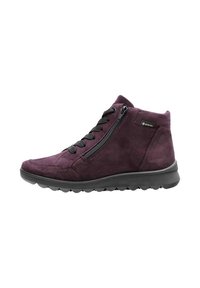 Stivale alla caviglia in suede viola con superficie testurizzata, lacci neri, cerniera laterale e suola in gomma stampata.