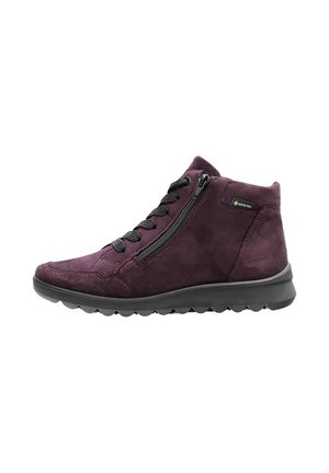Purple suede ankle boot with textured surface, black laces, side zipper, and patterned rubber sole.