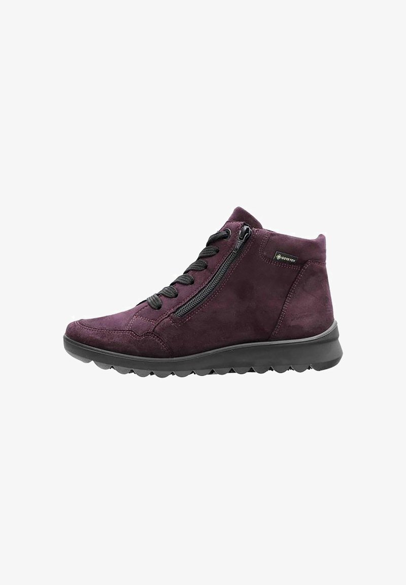 Stivale alla caviglia in suede viola con superficie testurizzata, lacci neri, cerniera laterale e suola in gomma stampata.
