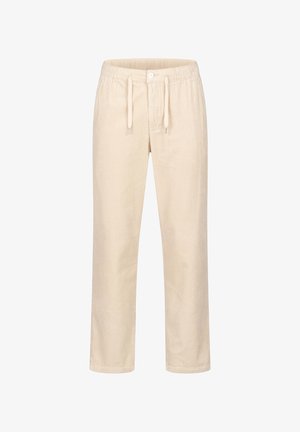 Beige corduroy-housut, joissa on ns. drawstring-vyötärö, pystysuorat raidat ja rento istuvuus. Etupainikeyksityiskohta. Pehmeä tekstiili.