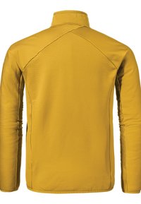 Gelbe Langarmjacke mit hohem Kragen, gerippter Textur und Nahtdetails, mit tailliertem Design und ohne sichtbare Beschläge.