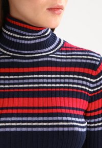 Suéter de cuello alto de canalé en rayas azul marino, rojo y púrpura, con un diseño ajustado y un cuello alto.