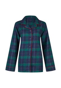 Groen en marineblauw geruit pyjamashirt met lange mouwen, rode biezen en een kraag. Voorzien van knopen aan de voorkant en een borstzak.