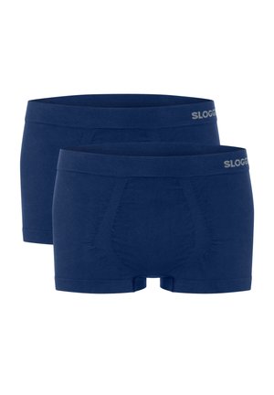 Dwie pary granatowych męskich bokserek z szerokim pasem w talii, na którym po prawej stronie znajduje się subtelne logo "SLOGG".