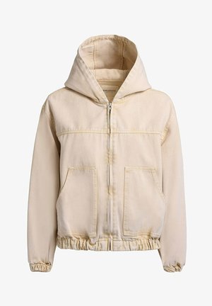 Veste beige à capuche avec fermeture éclair frontale, deux grandes poches avant, poignets élastiques et ourlet élastique.