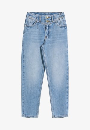 I jeans in denim azzurro leggero presentano una vita alta, cinque tasche e un design a gamba dritta con una leggera finitura sbiadita. Chiusura a due bottoni in vita.