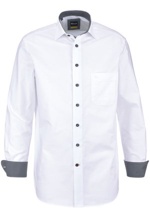 Weißes Herrenhemd mit langen Ärmeln, dunklem gemustertem Innenkragen und Manschetten, schwarzen Knöpfen und einer Brusttasche auf der linken Seite.