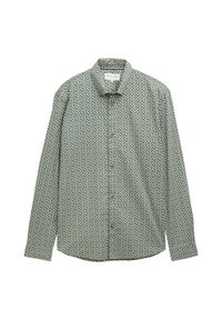 Chemise à manches longues vert clair avec un motif paisley répété en blanc et marron. Col pointu et boutons marron.