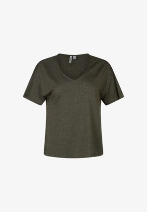 Haut tricoté vert olive foncé à manches courtes avec col en V, texture côtelée horizontale subtile et coupe décontractée.