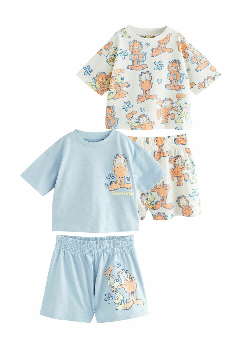 To sæt børnepyjamas med Garfield-figurer. Det ene sæt har en hvid top med orange illustrationer, mens det andet er lyseblå.