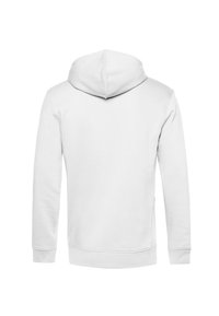 Felpa bianca realizzata in tessuto morbido, con cappuccio regolabile, maniche lunghe e polsini e orlo a costine. Texture liscia, senza motivi visibili.