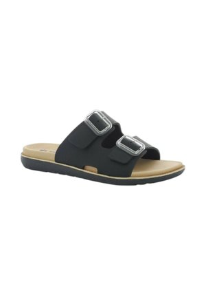 Sandalo nero tipo slide con due cinturini regolabili con fibbie e soletta imbottita beige su suola nera.