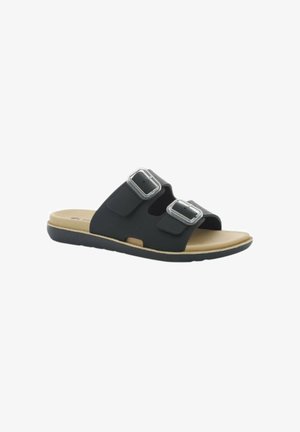 Sandalo nero tipo slide con due cinturini regolabili con fibbie e soletta imbottita beige su suola nera.