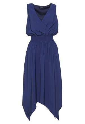 Vestido azul marino sin mangas con escote en V, cintura fruncida y bajo asimétrico en forma de pañuelo.