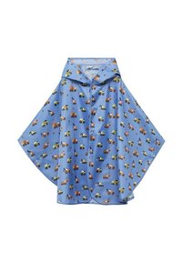 Lichtblauwe poncho met een herhaald patroon van bouwvoertuigen in groen, oranje en geel. Gemaakt van een gladde, waterafstotende stof.