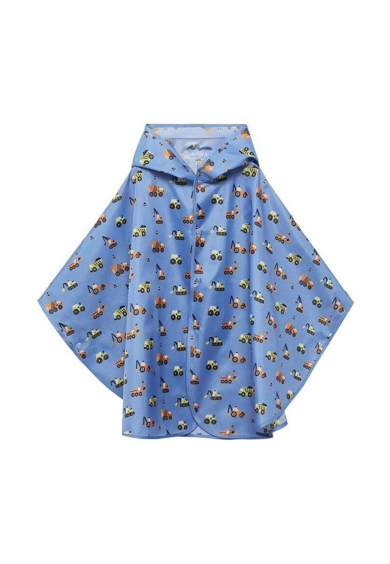 Lichtblauwe poncho met een herhaald patroon van bouwvoertuigen in groen, oranje en geel. Gemaakt van een gladde, waterafstotende stof.