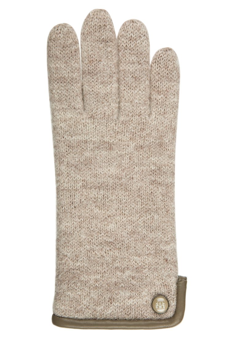 Guanto lavorato a maglia beige con un design a motivo testurizzato. Presenta un polsino in pelle e un accento tondeggiante con logo vicino al polso. Design a cinque dita.