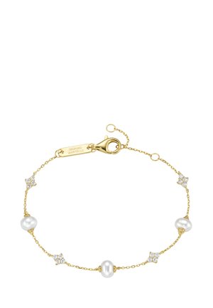 Zartes Armband aus einer goldenen Kette mit drei weißen Perlen und vier diamantförmigen Clustern aus kleinen Diamanten, Karabinerverschluss mit graviertem Anhänger.