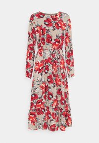 Blommig klänning med en beige bakgrund och stora röda och blå blommor, långa ärmar, cinchad midja och en lagerdelad nederkant.