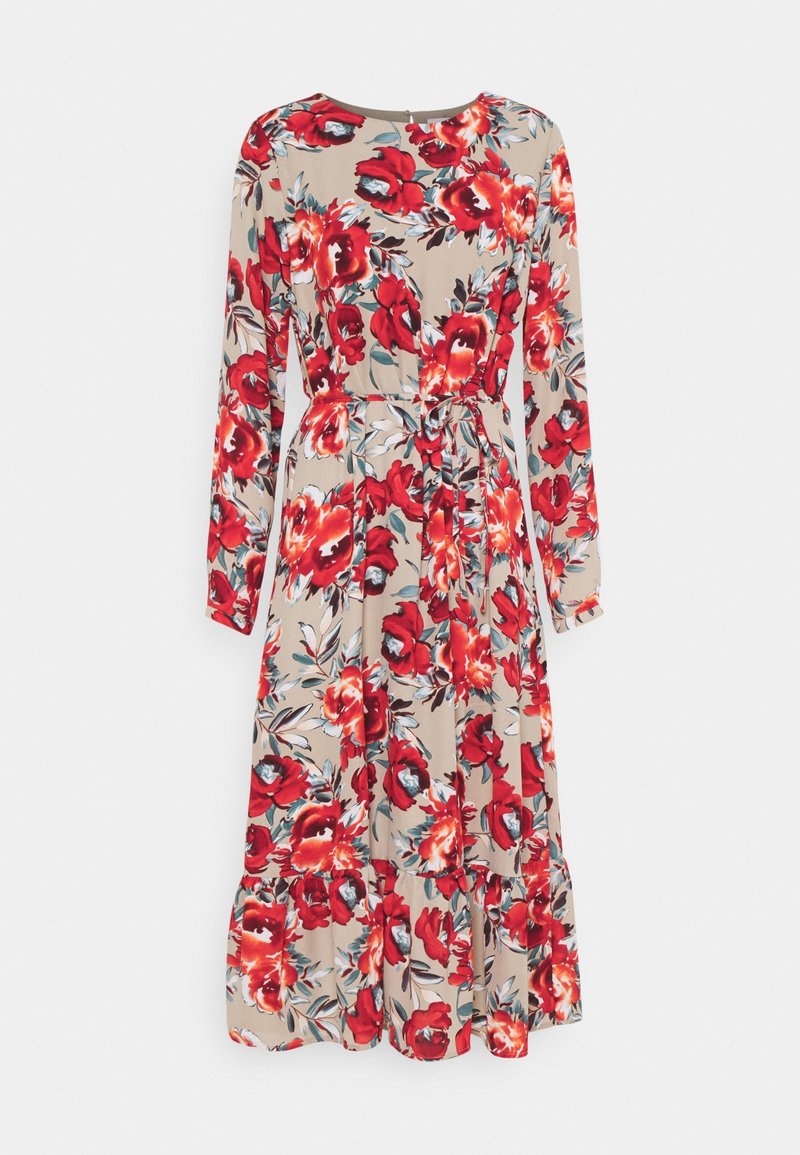 Blommig klänning med en beige bakgrund och stora röda och blå blommor, långa ärmar, cinchad midja och en lagerdelad nederkant.